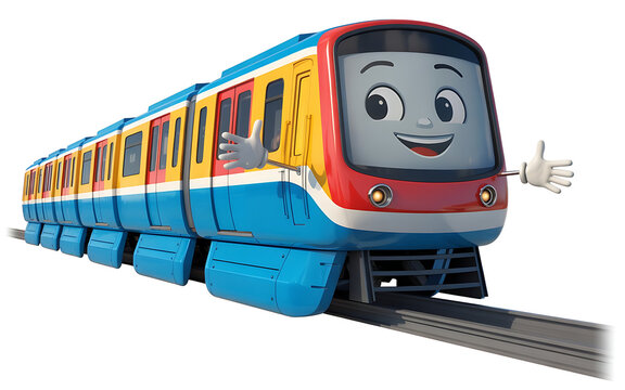 Friendly anthropomorphic train character waving 3d rendering for children's media