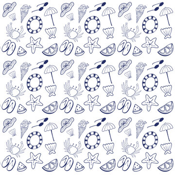 Minimalist Summer Beach Seamless Pattern with Ocean and Tropical Elements