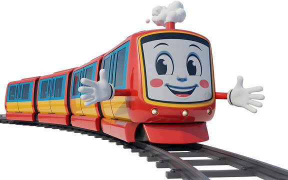 Cartoon train character with smiling face on railway tracks 3d render