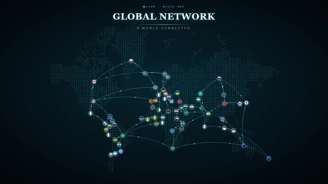 Global network world map animation with connected country flag node and communication line