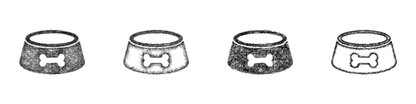 Black and white sketch dog bowl icon design set