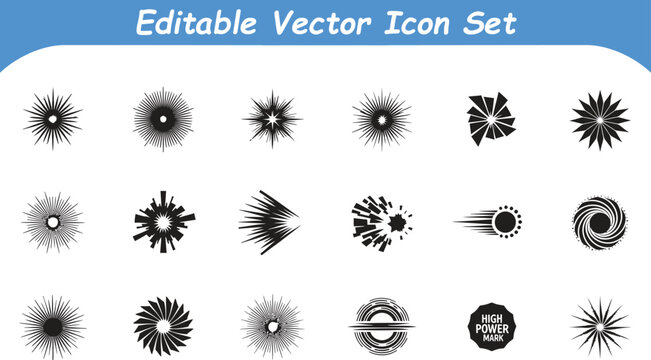Abstract starburst and explosive sunburst icon set with star shaped star effect starburst