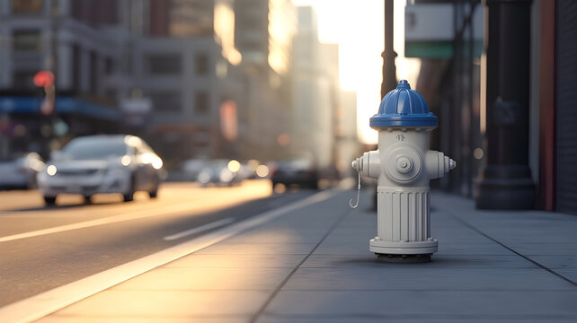 Realistic urban street scene with a white fire hydrant featuring a blue cap on a city sidewalk, soft golden hour sunlight, blurred downtown background with cars and buildings, shallow depth of field