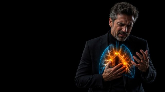 Man feeling chest pain with glowing lungs visualization. Mature businessman clutching chest due to respiratory illness. Medical concept of lung infection, bronchitis or breathing problem.