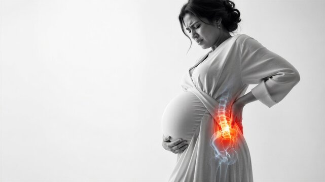 Pregnant woman suffering from severe lower back pain. Expectant mother touching her back to soothe ache. Medical visualization of spine inflammation during pregnancy. Healthcare concept.