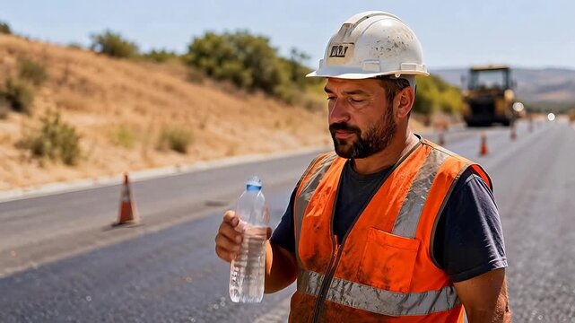  Road construction worker drinking water during hot summer workday