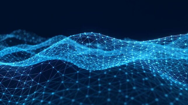 Blue abstract digital wave pattern with glowing dots and lines, representing a futuristic network or data flow.