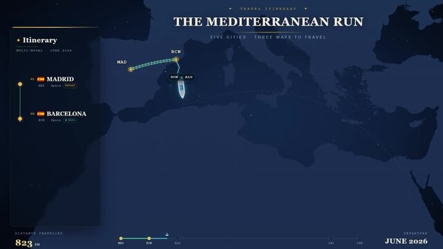 Mediterranean travel itinerary map animation with multi mode route by train boat and plane