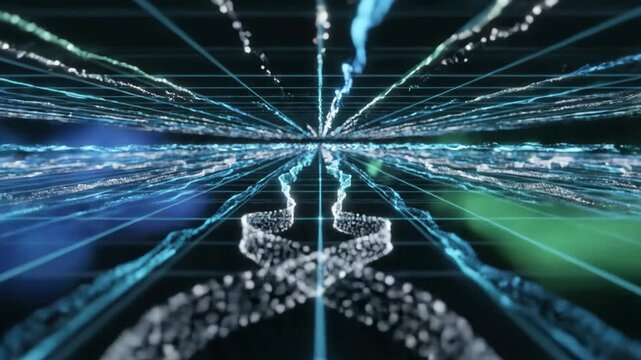 Glowing blue particles flow over a dark grid representing data streams in cyberspace connectivity networks
