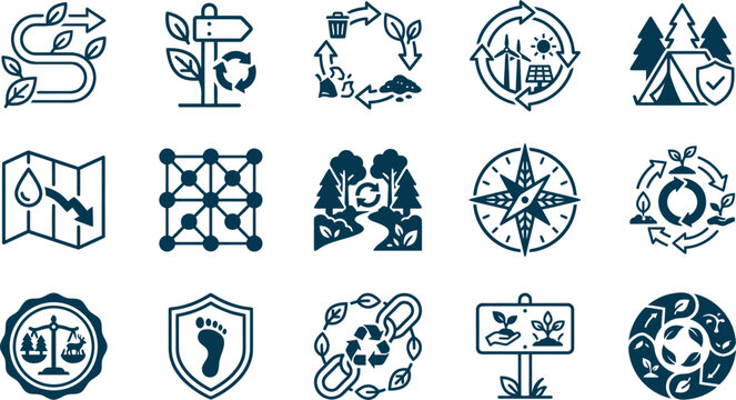 World tourism day vector icon sheet zero trace sustainable journey eco travel path minimal carbon neutral loop isolated white background illustration