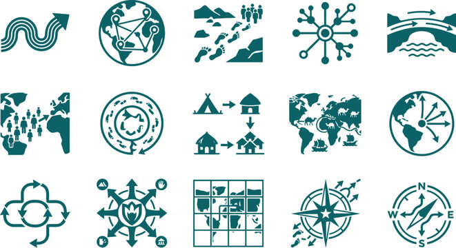 World tourism day vector icon sheet human migration heritage tourism ancient historical movement map line isolated white background illustration sienna