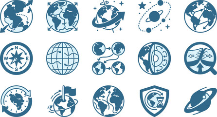 World tourism day vector icon sheet planetary drift tourism continental tectonic plate rotation orbit isolated white background illustration blue © ArtFlex