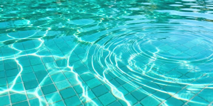 Close up of sparkling turquoise pool water with gentle ripples and sunlight reflections on tiled bottom, creating a refreshing and serene summer at, premium commercial stock image featuring mode siyam