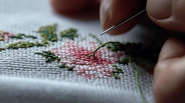Close-up of hands doing cross-stitch embroidery with a needle and thread on fabric.