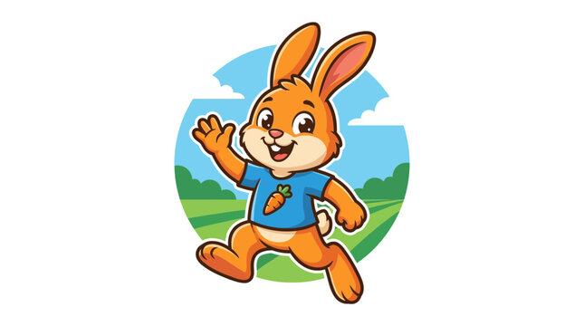 Cute cartoon orange bunny rabbit waving and jumping in a green field, wearing a blue t-shirt with a carrot icon.