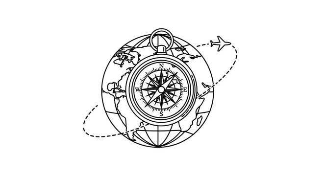 Compass with globe and airplane depicting global travel and navigation