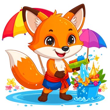 Cartoon fox wearing party hat and holding gift box.