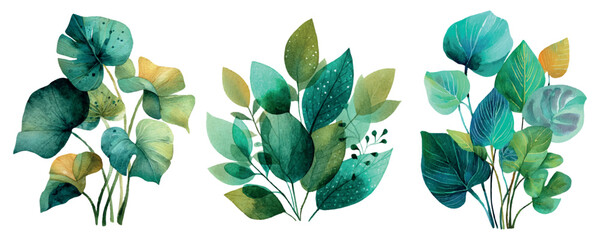 Watercolor tropical foliage collection illustrating various green and teal leaves and botanical elements, creating a natural and fresh decorative plant design © Mari