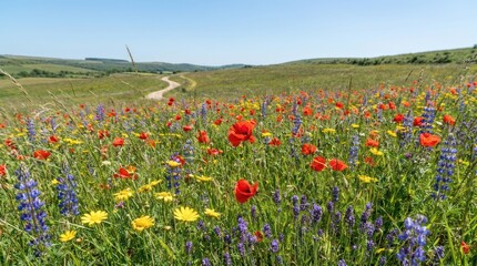 Fototapeta premium A vast meadow with vibrant poppies, daisies, and wildflowers stretches under a clear blue sky