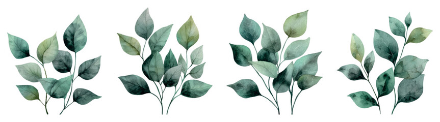 Watercolor green leaves creating a botanical set, illustrating fresh foliage, eucalyptus branches, and natural greenery for decorative summer and spring designs © Mari