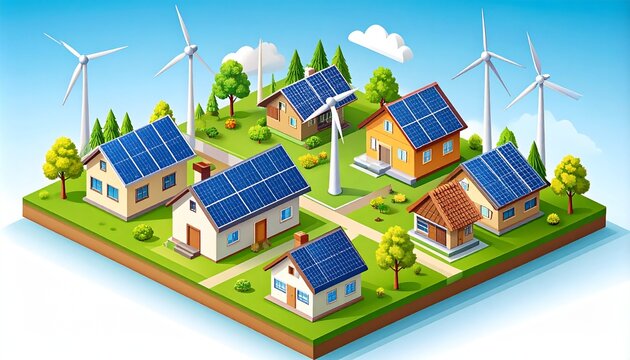 Eco-friendly sustainable village with renewable energy sources.