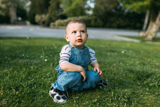 Thoughtful toddler crouching on green grass in sunny park