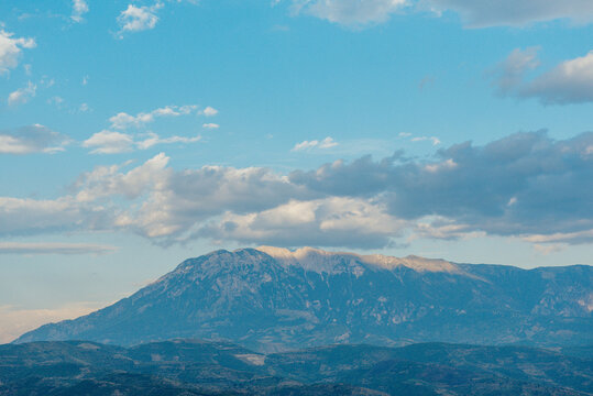 Mount Tomorr under dramatic clouds near Berat, Albania