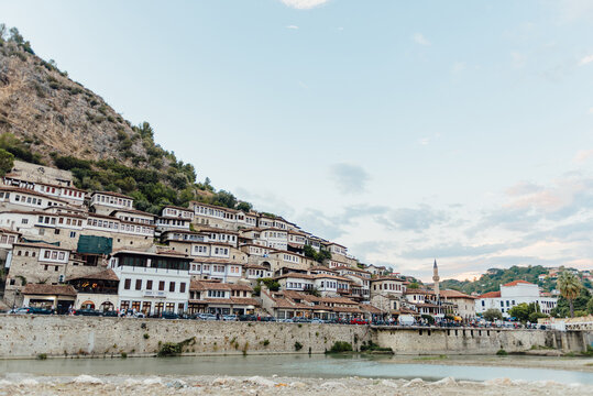 Historic Mangalem quarter and Osum River in Berat, Albania