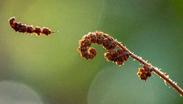 Close-up of two red and black caterpillars on a green leaf.