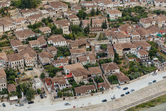 Aerial view over historic Ottoman houses in Gorica quarter of Berat