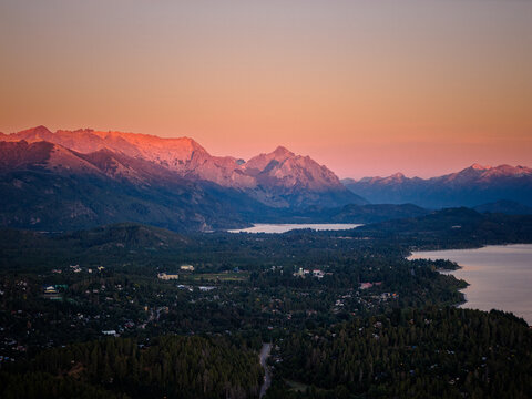 Sunrise light hits Andean peaks over Bariloche Argentina