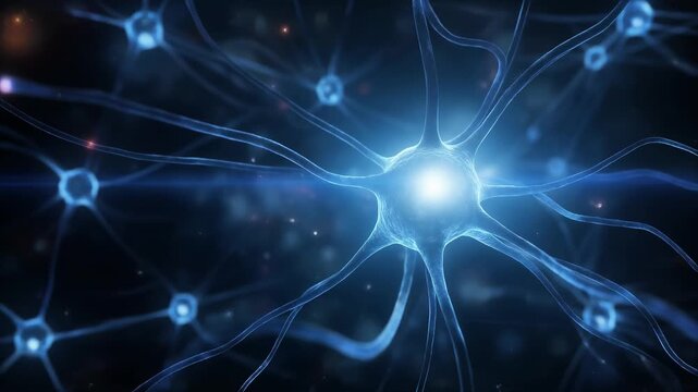 Glowing blue neuron network with illuminated soma and branching dendrites, sci-fi medical concept