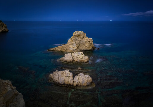 Mystical Night Landscape of Portitxol Cala Rocks in Javea Spain