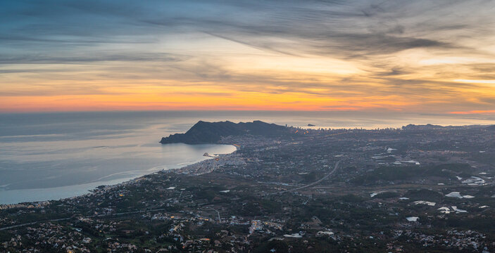 Aerial Sunset View of Altea and Benidorm Coastline Mediterranean Sea