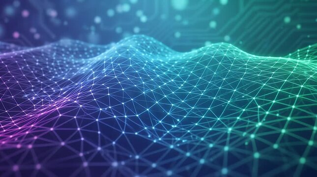 Abstract digital network landscape with glowing interconnected nodes and a vibrant color gradient.