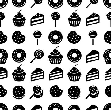 Sweets and desserts black flat icons seamless pattern background vector illustration