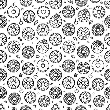 Glazed donuts bakery sweet dessert line art doodle seamless pattern background vector illustration