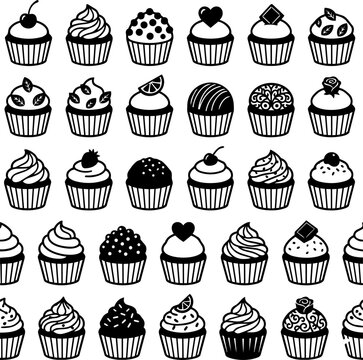 Cupcakes and muffins bakery sweet dessert flat icons seamless pattern background vector illustration
