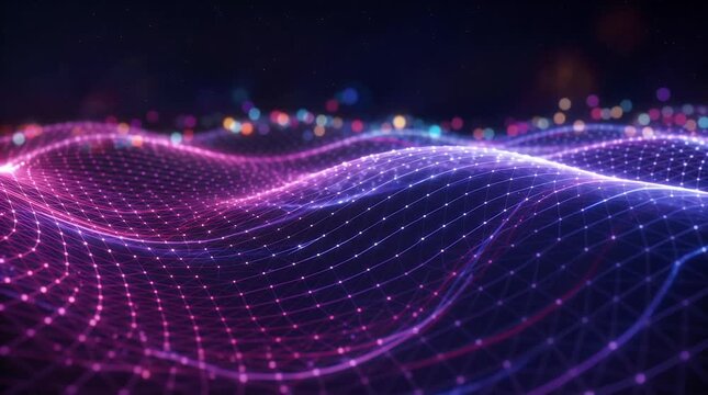Abstract digital wave pattern with glowing interconnected dots forming a futuristic mesh landscape in vibrant purple and blue colors.