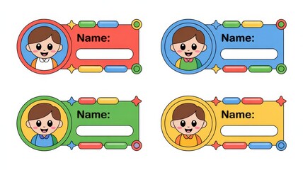 Fototapeta premium Set of colorful name tags for school children with cute boy cartoon character isolated on white background