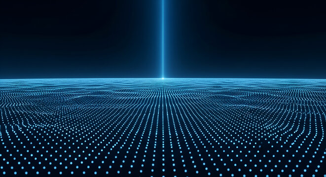 Abstract Digital Landscape with Blue Light Beam and Data Grid.