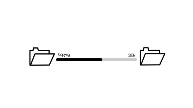 Document file downloading or transfer process icon animation. Fast file transfer, quick torrent of copying data from folder to folder with 0 to 100% complete on white background.