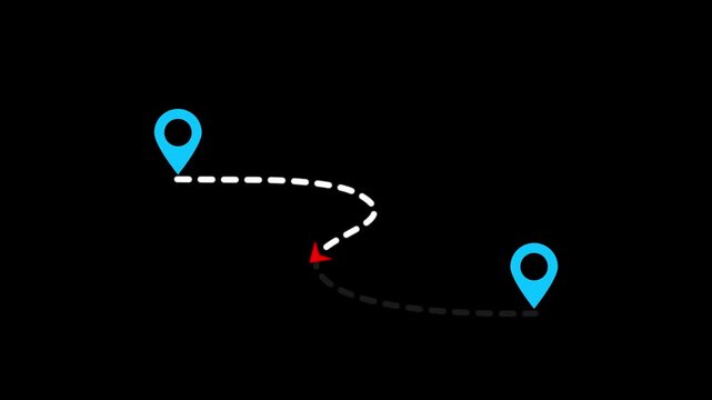 Two location point connection with lines arrow direction animation on black background.