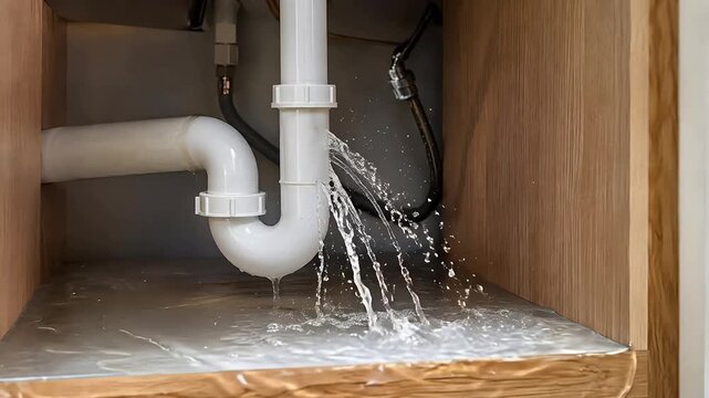 Leaking P-trap pipe under kitchen sink causing water damage