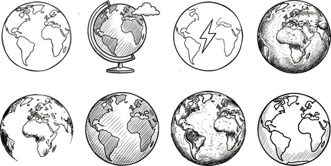 Set of hand drawn earth globe icons and sketches featuring world maps for geography education environmental conservation and global business concepts © MdTanvir