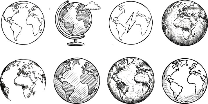 Set of hand drawn earth globe icons and sketches featuring world maps for geography education environmental conservation and global business concepts