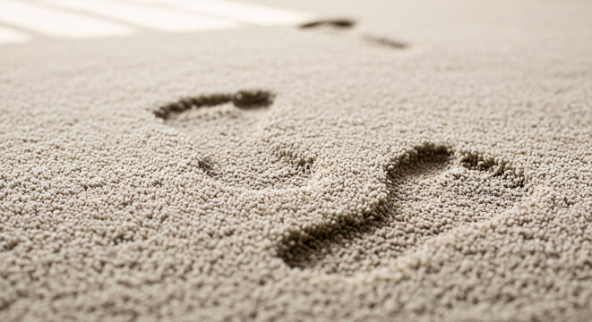 Close-up of footprints in a soft, textured carpet, symbolizing a journey or presence in a modern living space