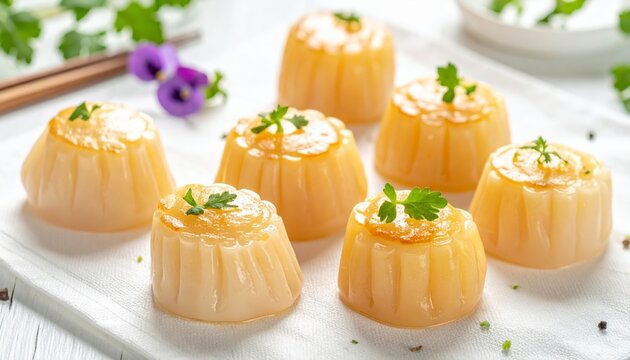 Assortment of Perfectly Formed Steamed Scallop Dumplings Garnished with Fresh Herbs