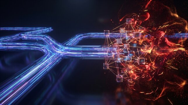 Futuristic fiber optic data pipeline merging into digital network with glowing cubes and particle explosion for high speed cloud computing