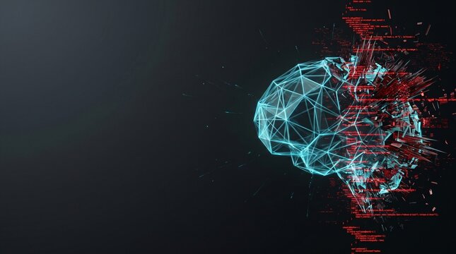 Artificial intelligence digital brain exploding into red computer code and data fragments representing cyber security breach on dark background